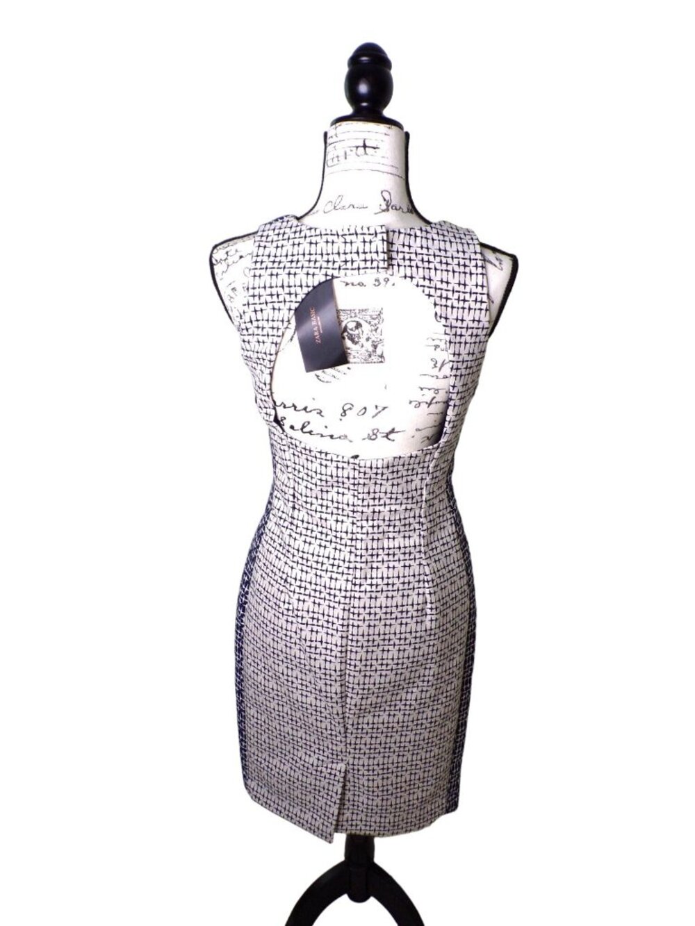 🆕ZARA Cut-Out Back Sleeveless Sheath Dress Navy Blue Off-White Print Medium - Picture 5 of 12